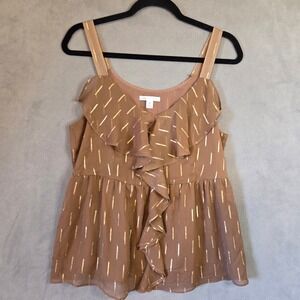 Cato Peplum Tank Top Women's Medium Brown Gold Metallic Ruffle Boho Holiday